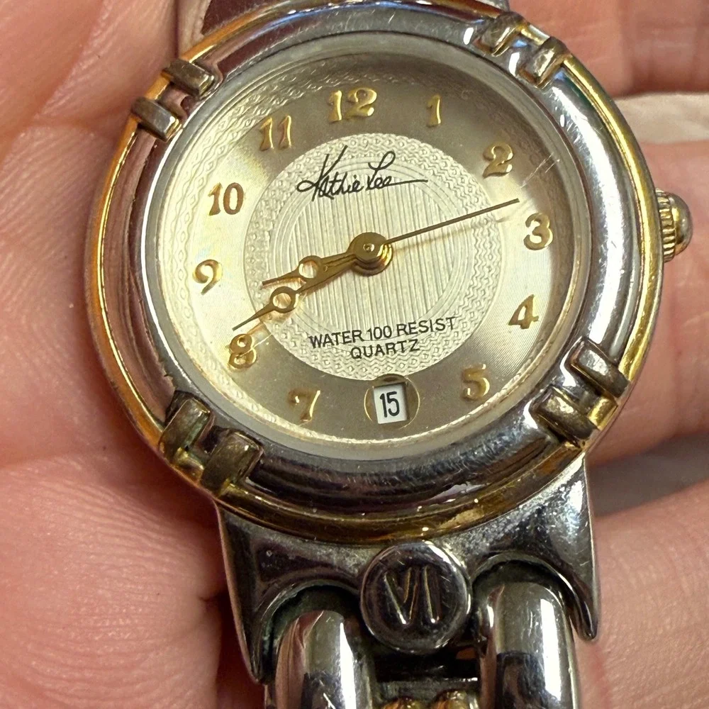 Kathie Lee Two Tone Watch Silver Gold Date Window 77/5051 Quartz Works!